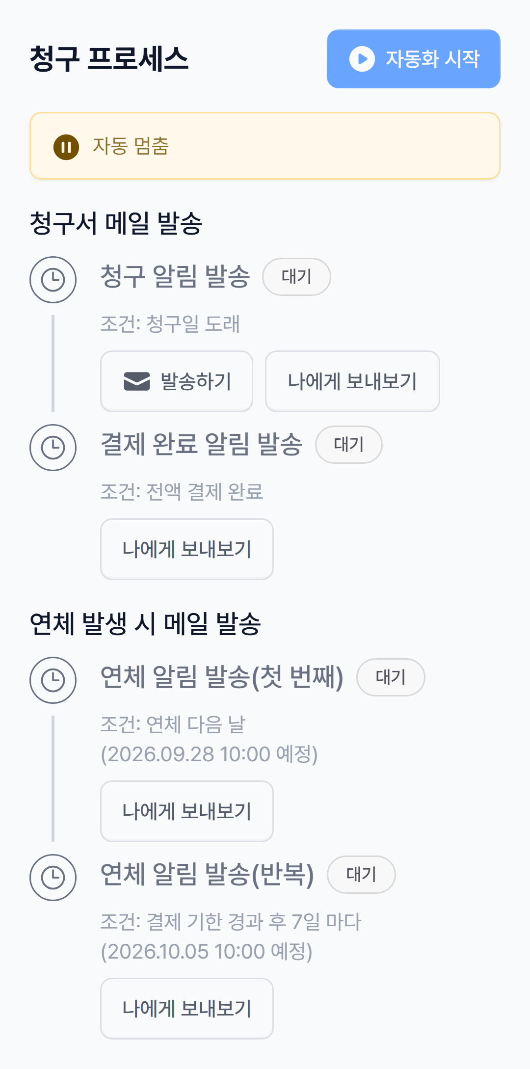 자동 처리를 끈 청구서의 청구 프로세스: 자동 멈춤, 자동화 시작 버튼