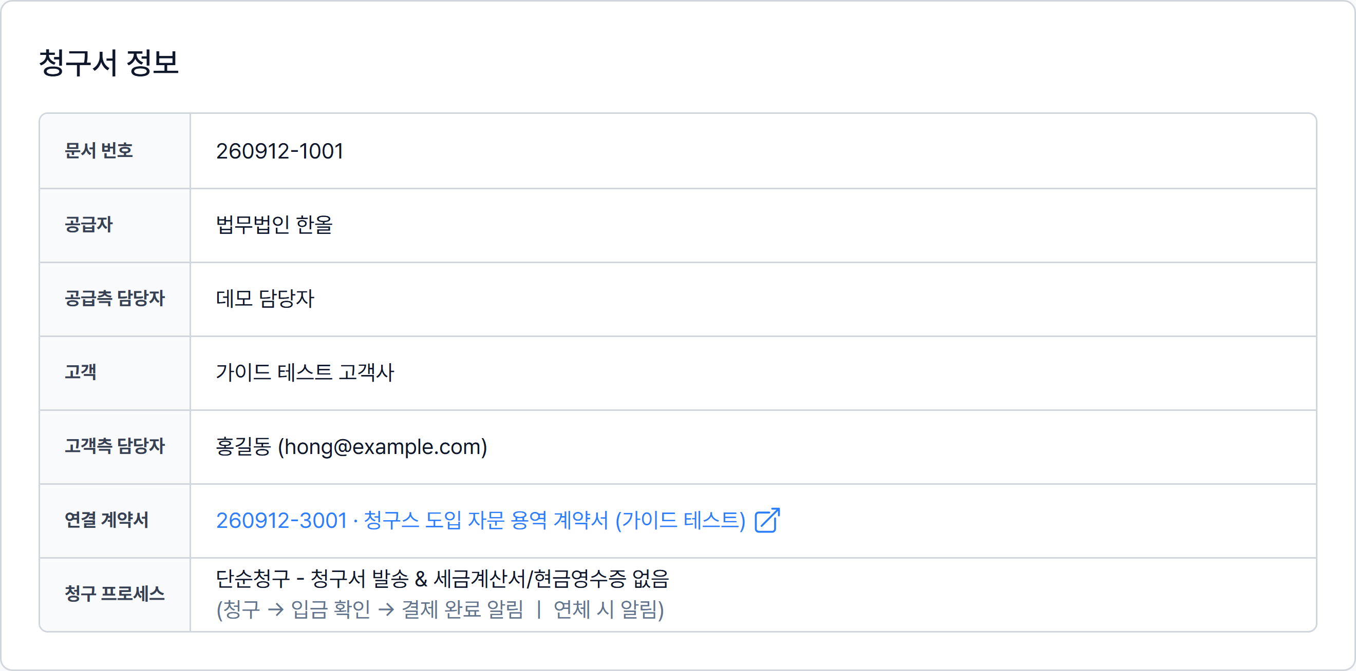 청구서 정보 카드에 연결 계약서와 청구 프로세스가 표시된 모습